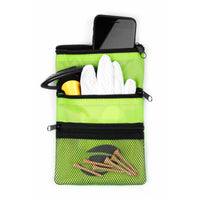 front view of a lime green Orlimar Golf Detachable Accessory Pouch with cell phone, white glove and 6 natural golf tees inside the mesh pocket