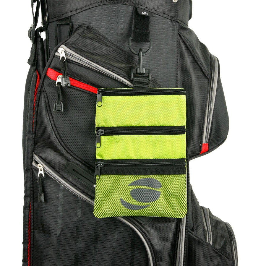 lime green Orlimar Golf Detachable Accessory Pouch attached to a black golf bag with clip