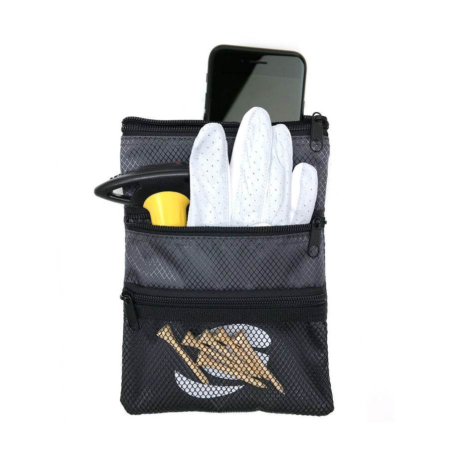 front view of a sage grey Orlimar Golf Detachable Accessory Pouch with cell phone, white glove and 6 natural golf tees inside the mesh pocket