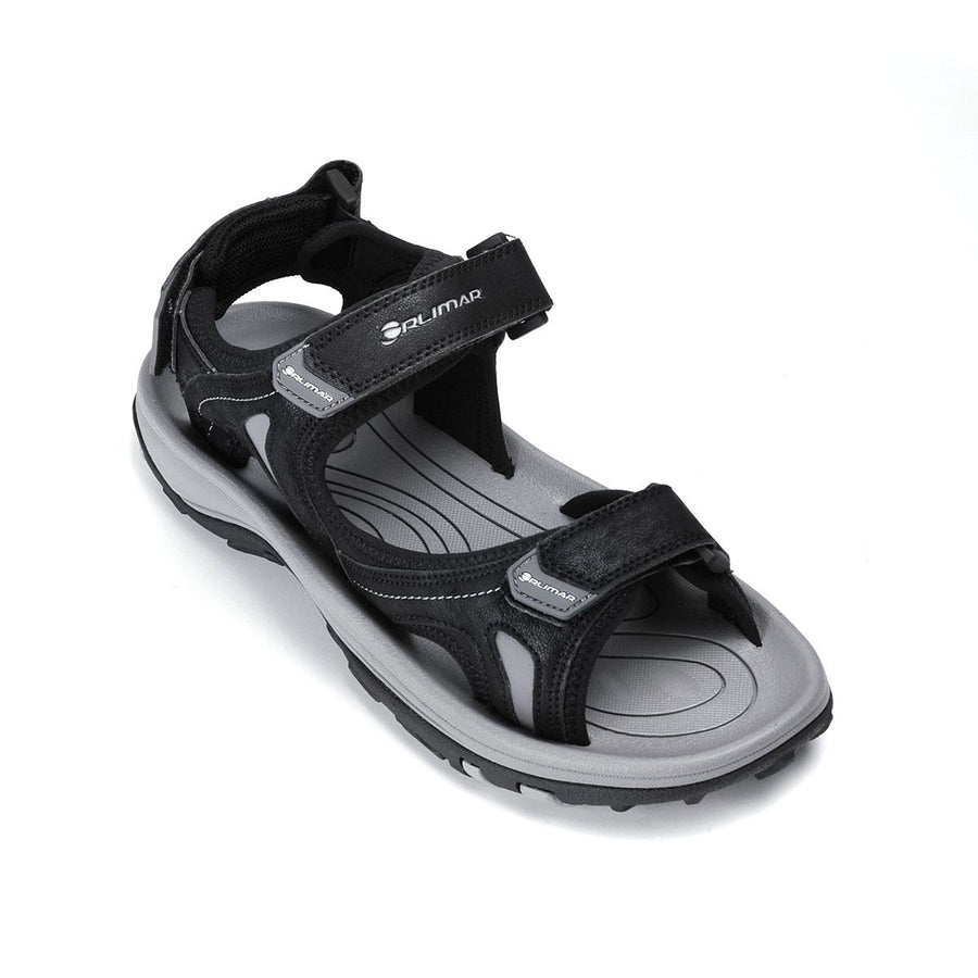 top angled view of a dark grey men's right Orlimar Golf Sandal with Replaceable Spikes