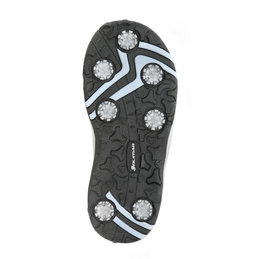 sole view of a light grey/aqua ladies right Orlimar Golf Sandal with Replaceable Spikes