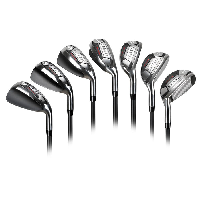 angled sole views of the Orlimar Golf Stratos Hybrid Iron Set, PW (far left)  to #4 (far right)