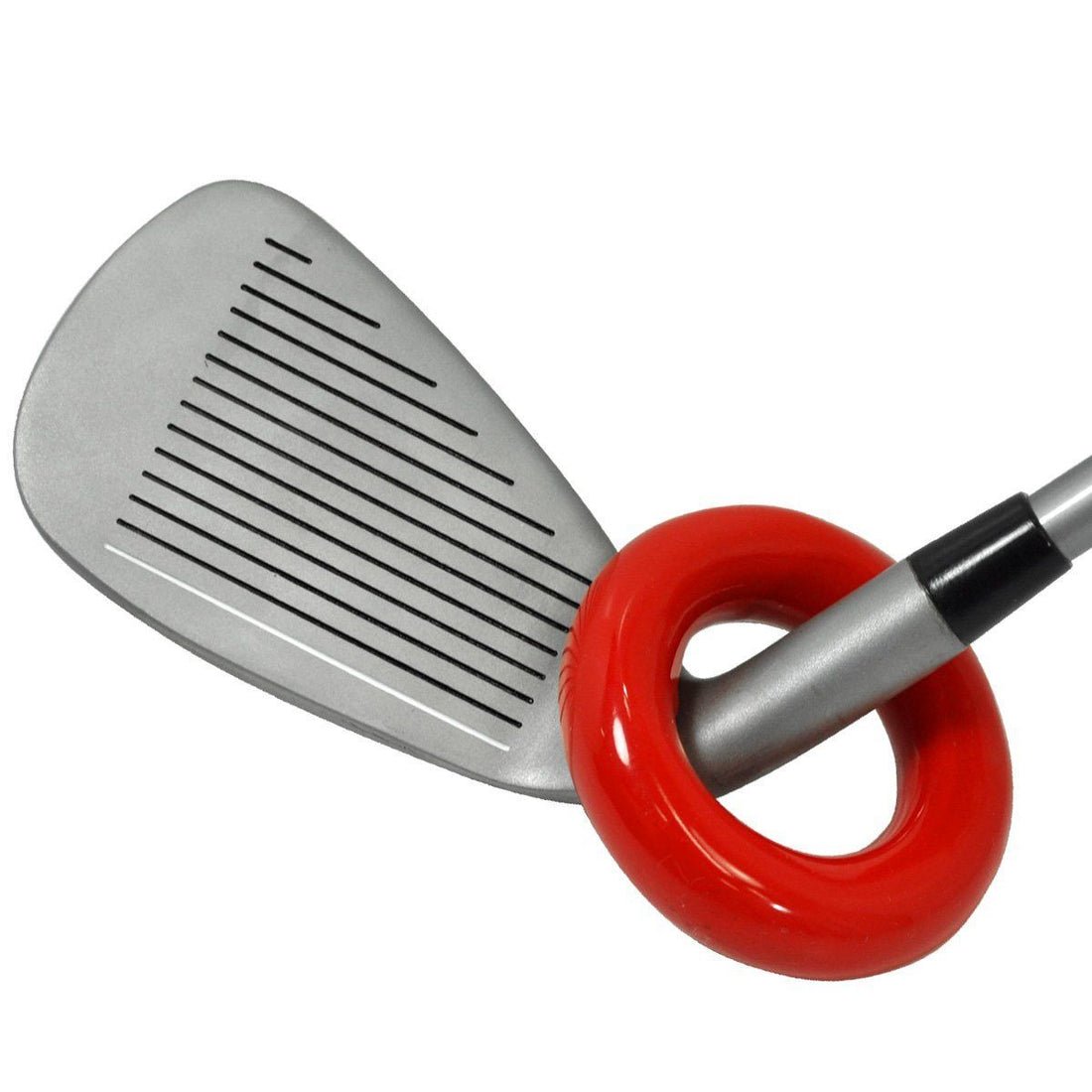 red Orlimar Golf Warm Up Weight on the hosel of a golf irons