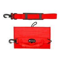 unfolded red Orlimar Grab 'n Go Portable Golf Club Carrier and optional matching shoulder strap above it