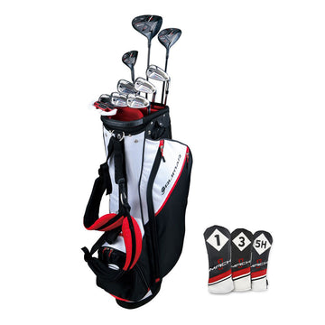 Orlimar Mach 1 Men's Golf Bag with 10 clubs inside and driver, 3 wood and 5 hybrid headcover next to them