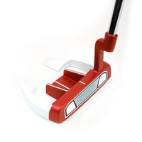 angled top and face angle view of a red and white Orlimar Mach 1 Men's putter with white face insert