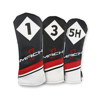 black, red and white Mach 1 driver, #3 wood and #5 hybrid headcovers