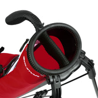 angled top view of brick red Orlimar Pitch 'N Putt Lightweight Stand Carry Bag with 2-way divider top and carry handle