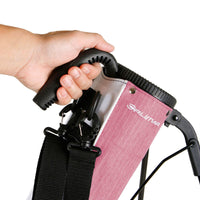 a person’s left hand holding the carry handle on a blush pink plaid Orlimar Pitch 'N Putt Lightweight Stand Carry Bag