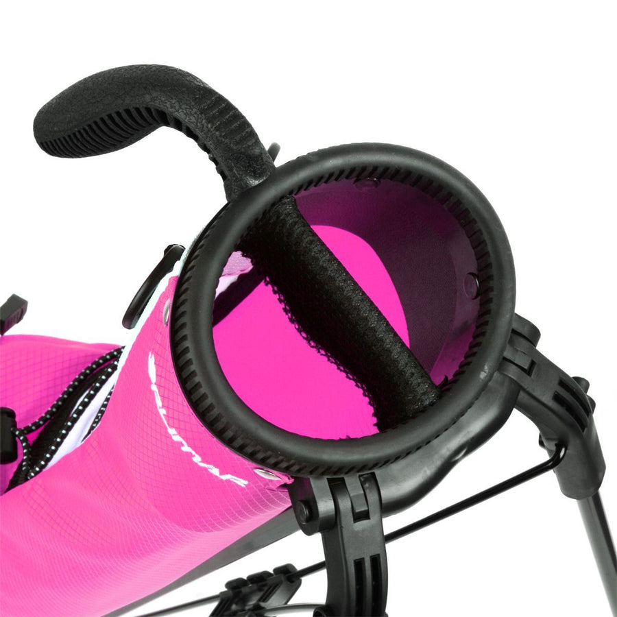 angled top view of rose pink Orlimar Pitch 'N Putt Lightweight Stand Carry Bag with 2-way divider top and carry handle