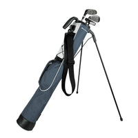 steel blue Orlimar Pitch 'N Putt Lightweight Stand Carry Bag with stand legs out with 3 golf clubs inside