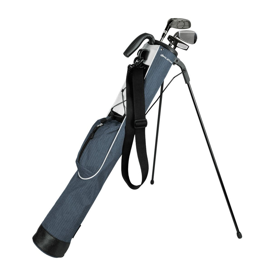 steel blue Orlimar Pitch 'N Putt Lightweight Stand Carry Bag with stand legs out with 3 golf clubs inside