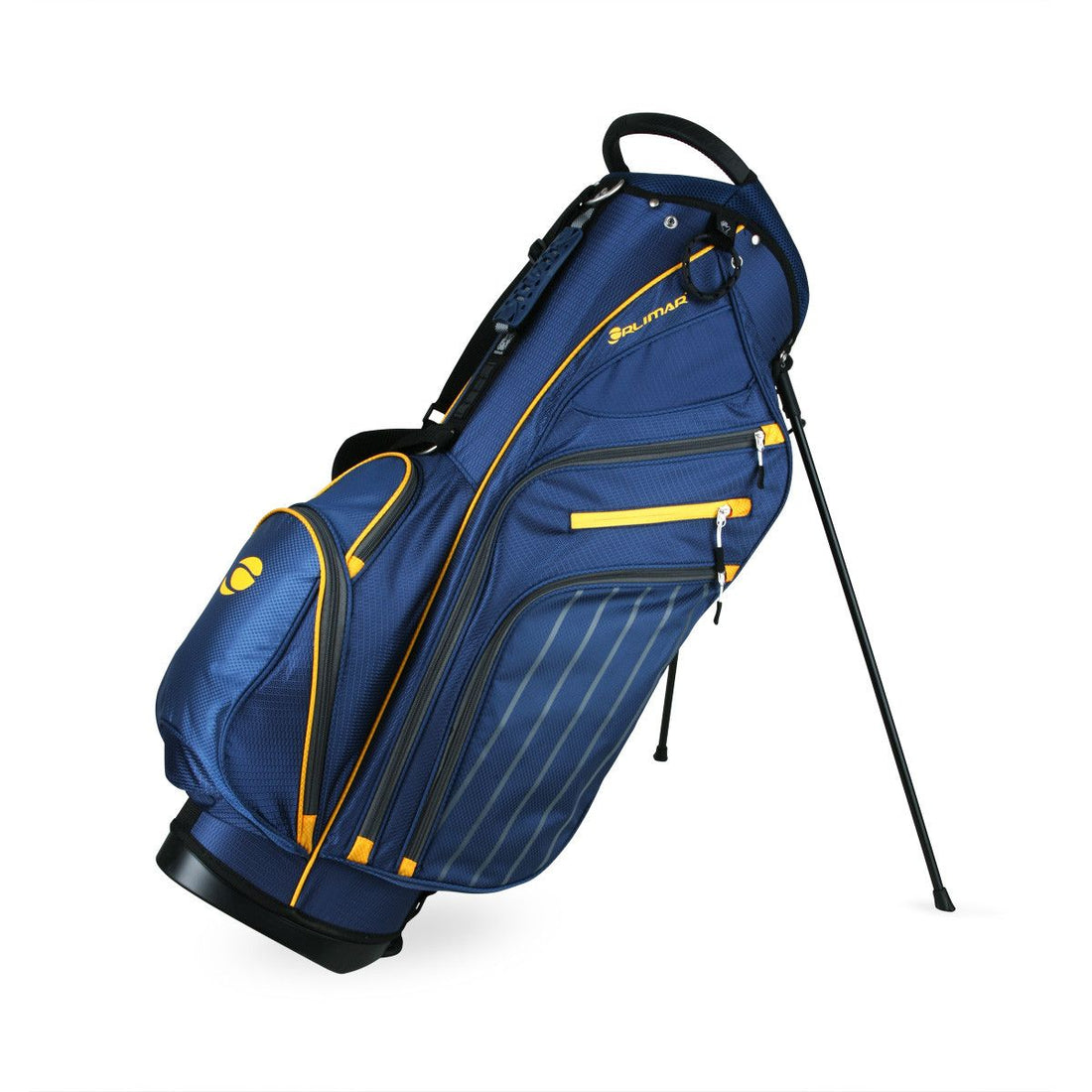 blue/yellow Orlimar SRX 14.9 Golf Stand Bag with  stand legs extended