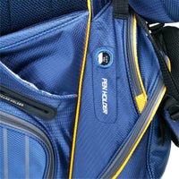 pen holder and scorecard holder on the side of a blue/yellow Orlimar SRX 14.9 Golf Stand Bag