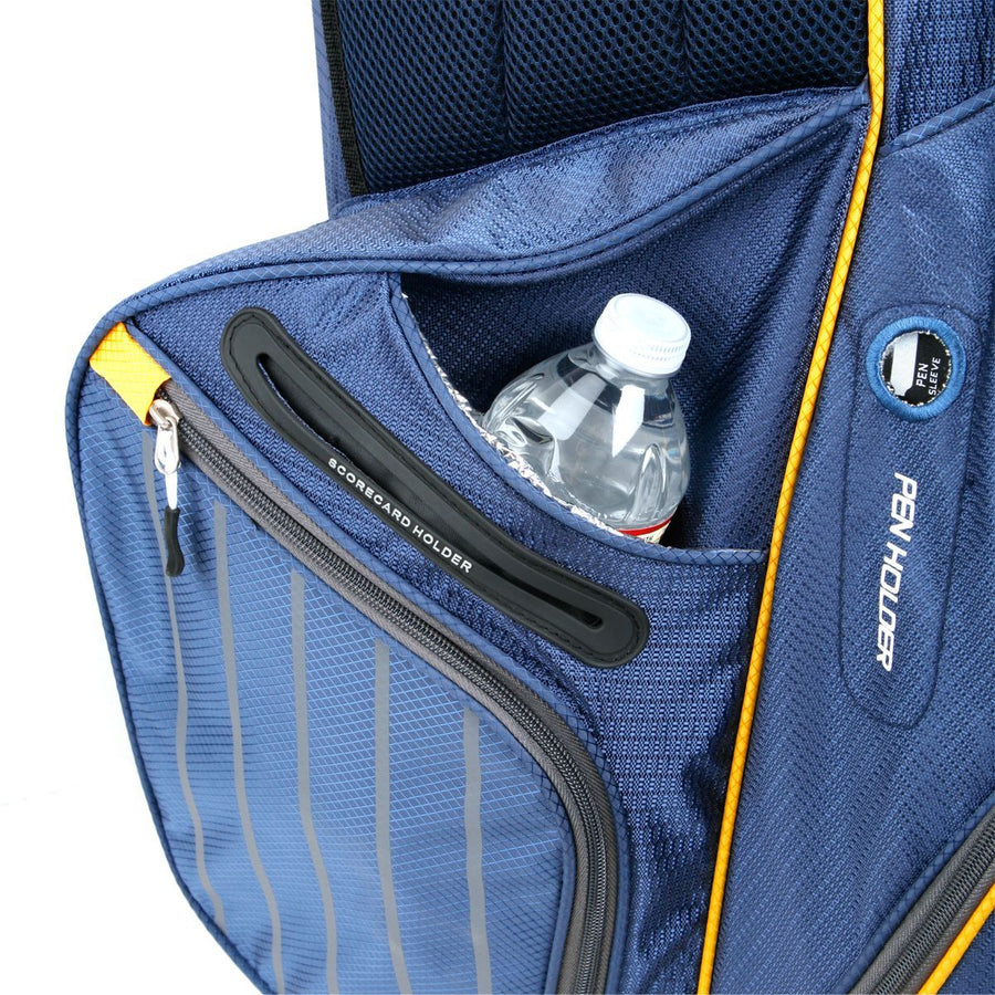water bottle inside the hydration sleeve on a blue/yellow Orlimar SRX 14.9 Golf Stand Bag