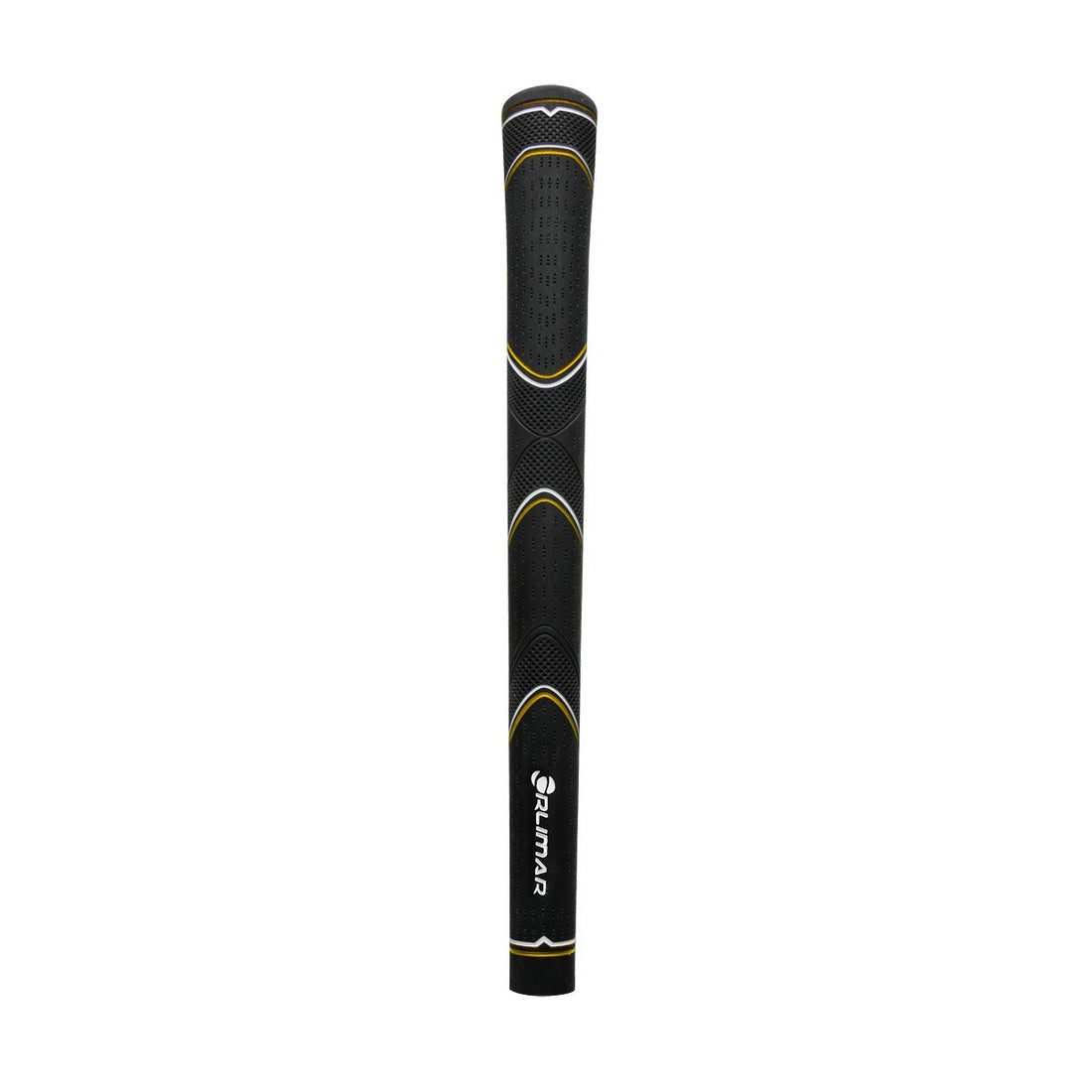 Black Orlimar golf grip with white and gold accent colors