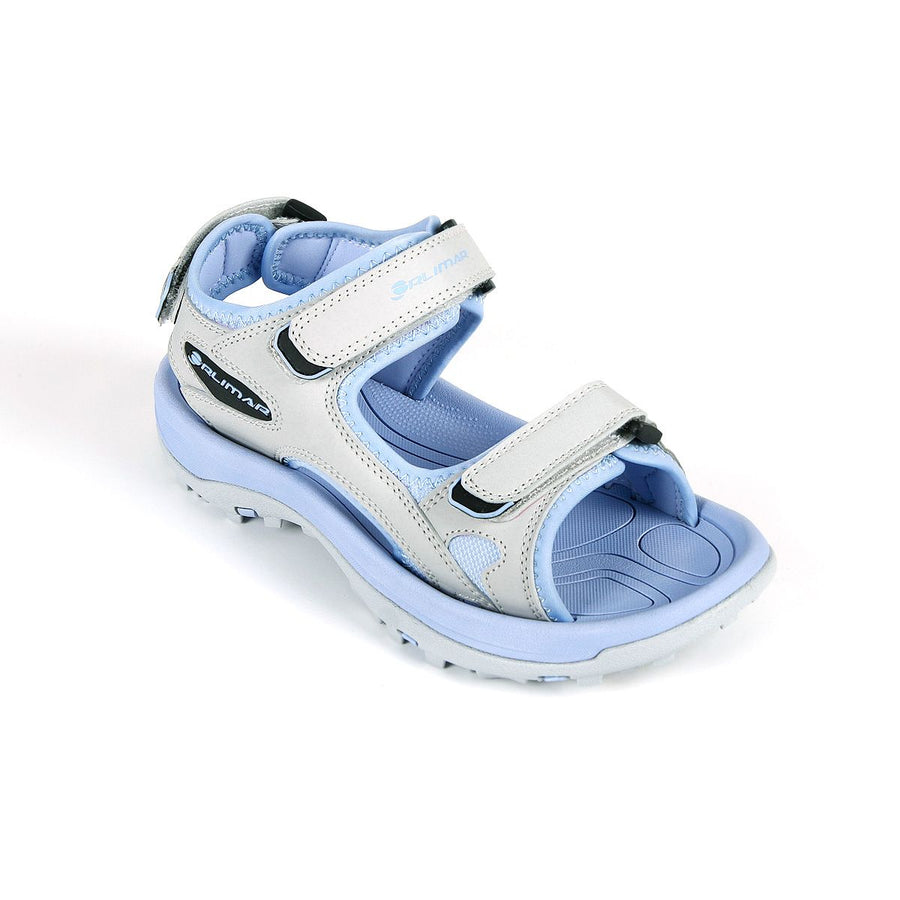 top angled view of a right grey/lilac Orlimar Spikeless Women's Golf Sandal