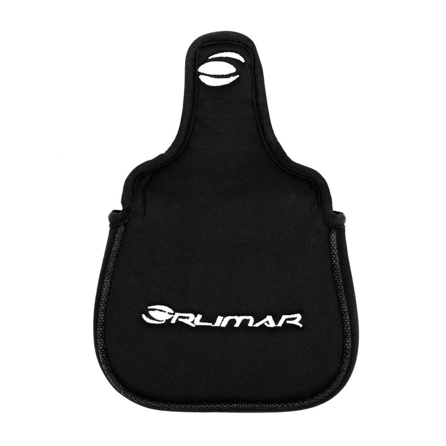 top view of unfolded black Orlimar Square Mallet Putter Headcover with white embroidered Orlimar name and logo