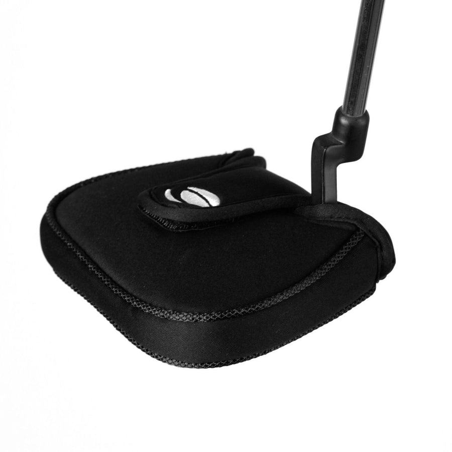 top view of folded black Orlimar Square Mallet Putter Headcover on a left handed putter