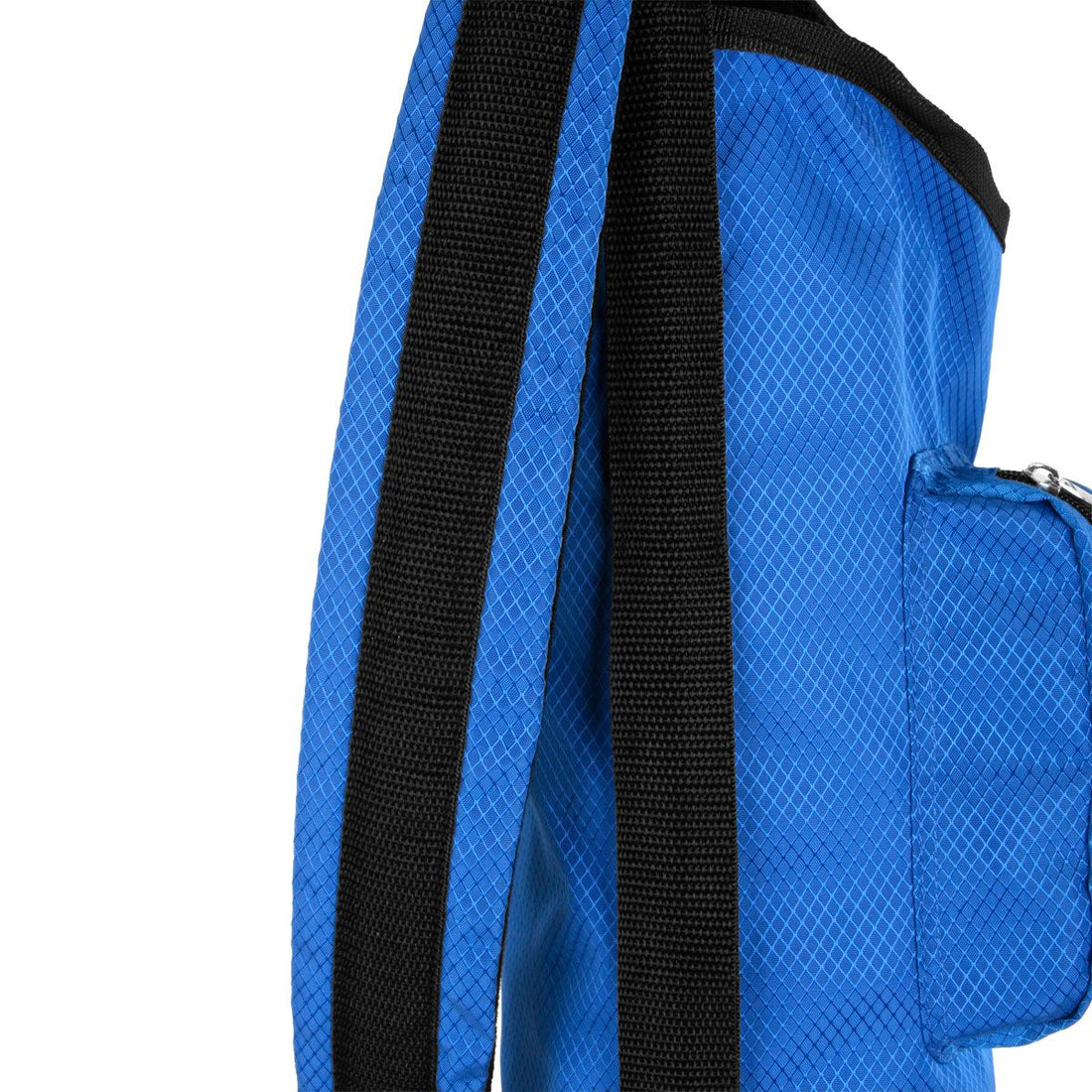 shoulder strap hanging down on the side of a blue Orlimar Sunday Golf Bag