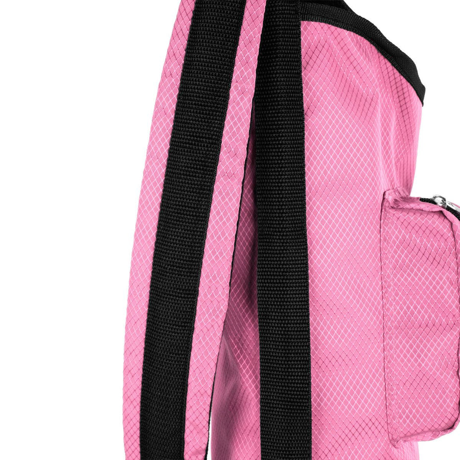 shoulder strap hanging down on the side of a pink Orlimar Sunday Golf Bag