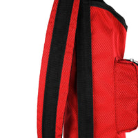 shoulder strap hanging down on the side of a red Orlimar Sunday Golf Bag