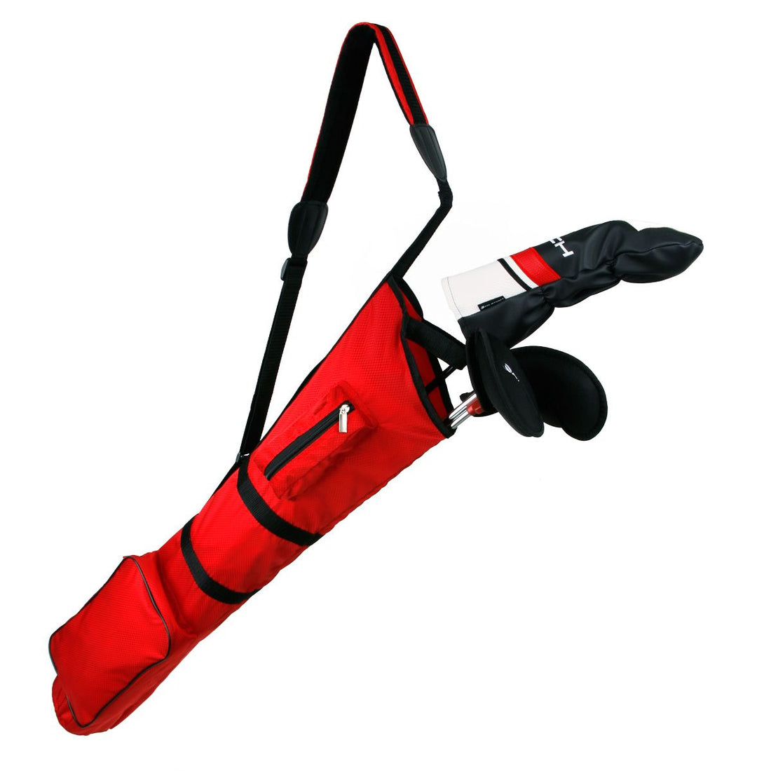 3 golf clubs with headcovers inside a red Orlimar Sunday Golf Bag with shoulder strap extended