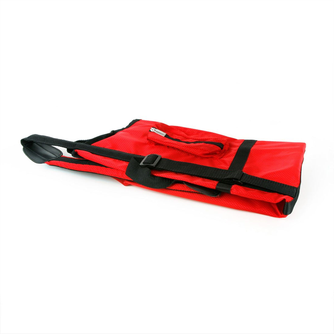 a red Orlimar Sunday Golf Bag folded for storage