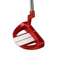 angled top and back view of a red Orlimar Tangent T1 Mallet Putter with a Plumber's neck hosel