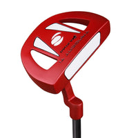 angled sole and face view of a red Orlimar Tangent T1 Mallet Putter with white face insert