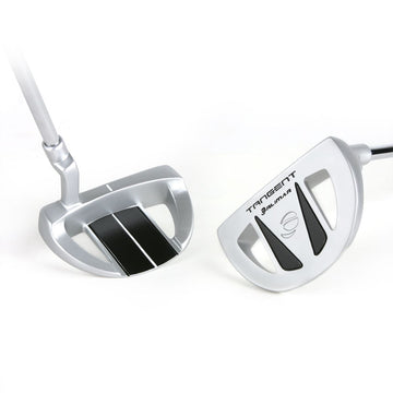 angled top and angled sole view of a pair of silver Orlimar Tangent T1 Mallet Putters