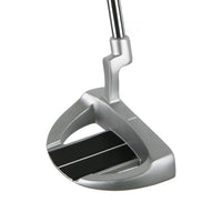 angled top and back view of a silver Orlimar Tangent T1 Mallet Putter with a Plumber's neck hosel