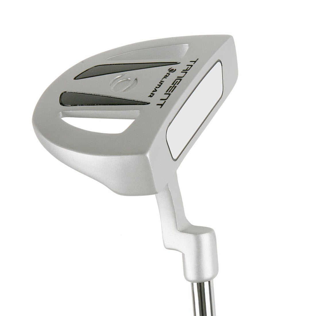 angled sole and face view of a silver Orlimar Tangent T1 Mallet Putter with white face insert