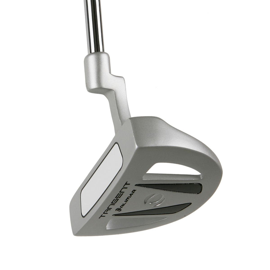 alternative angled face and sole view of a silver Orlimar Tangent T1 Mallet Putter with white face insert