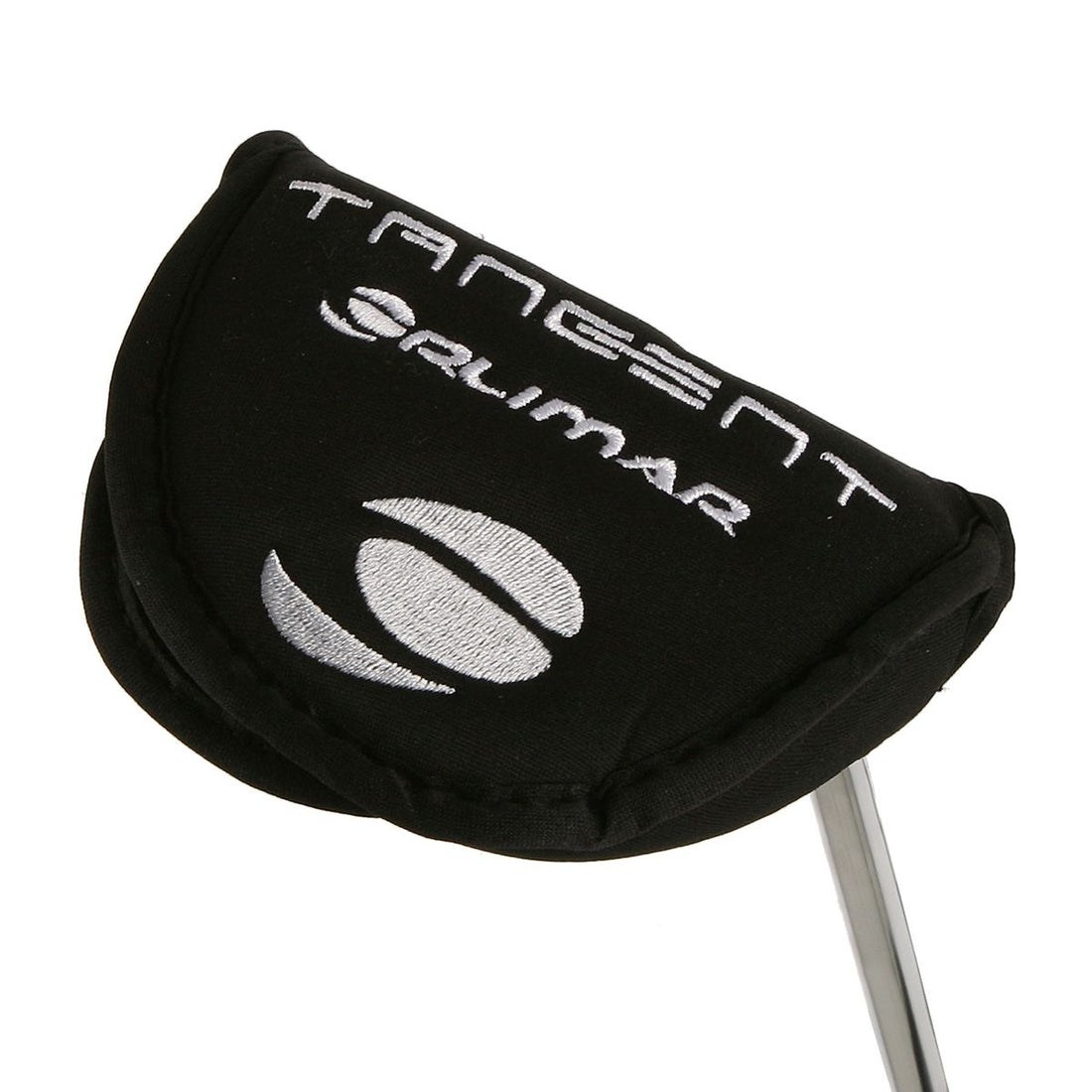 black putter head cover with Tangent, Orlimar and Orlimar logo embroidered in white covering a putter