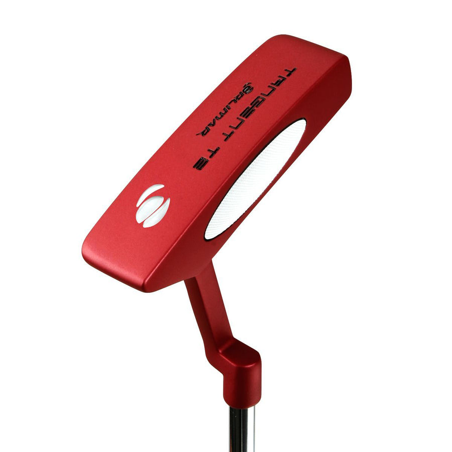angled sole and face view of a red Orlimar Tangent T2 Blade Putter with a white face insert