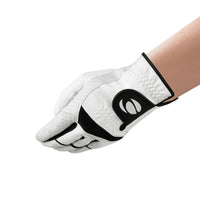back view of a White/Black Orlimar Tour Cabretta Leather Golf Glove on a person's left hand
