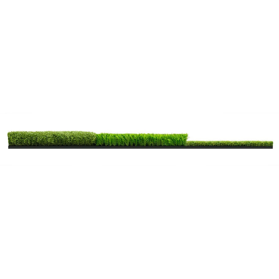 side view of an Orlimar Triple Surface Golf Hitting Mat showing the 3 different turf heights: tee box (left), rough (middle) and well groomed fairway (right)