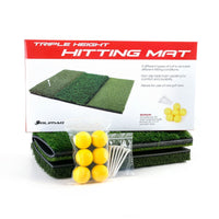 top, Orlimar Triple Surface Golf Hitting Mat in retail packaging, sitting atop a folded Orlimar Triple Surface Golf Hitting Mat with 6 yellow foam golf balls and 6 white golf tees in clear sealable bags