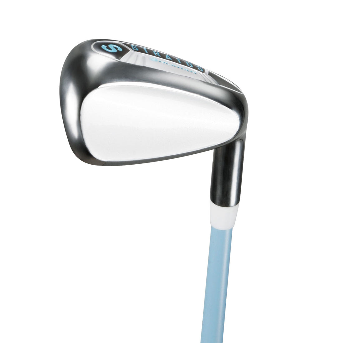 angled back view of the sand wedge in the Orlimar Stratos Women’s Hybrid Iron set with white ferrule and baby blue graphite shaft